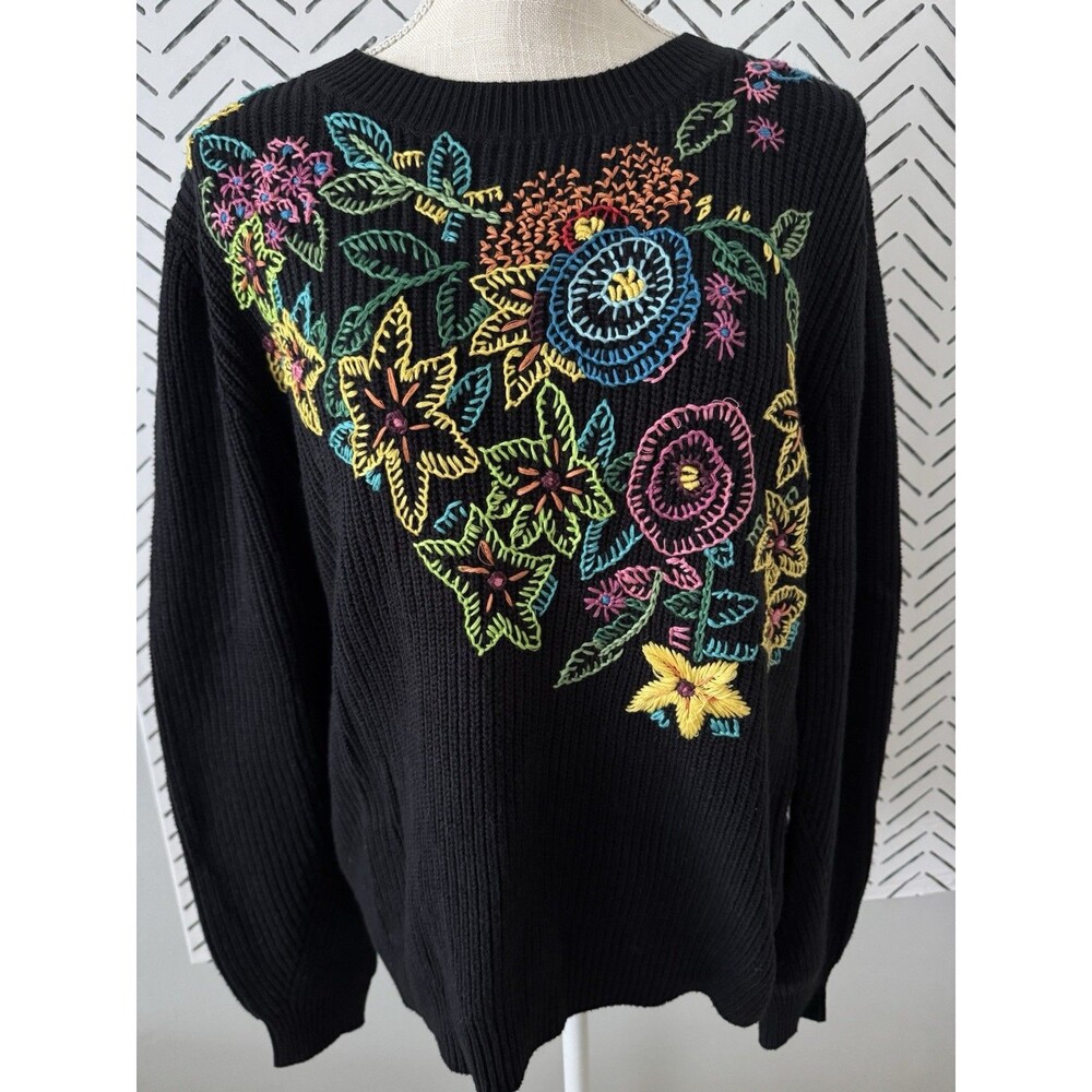 NEW Chelsea & Theodore Black Knit Embroidered Sweater‎ Women's Size XL Boho